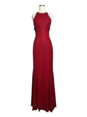 Cache Red beaded Halter Evening Gown